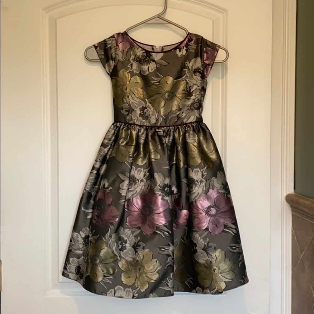 gray floral dress with purple bow in the back